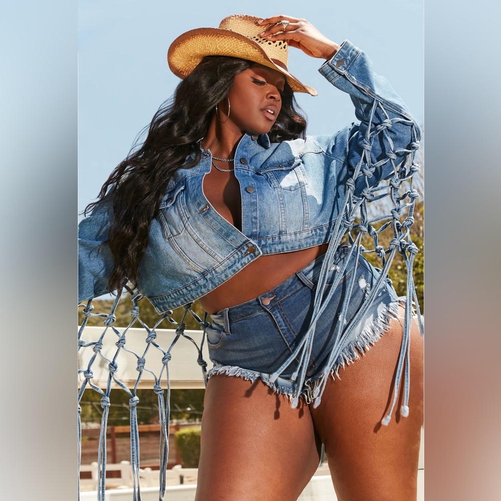Fashion Nova “Free Spirit” Blue Jean Jacket with Knotted Fringe